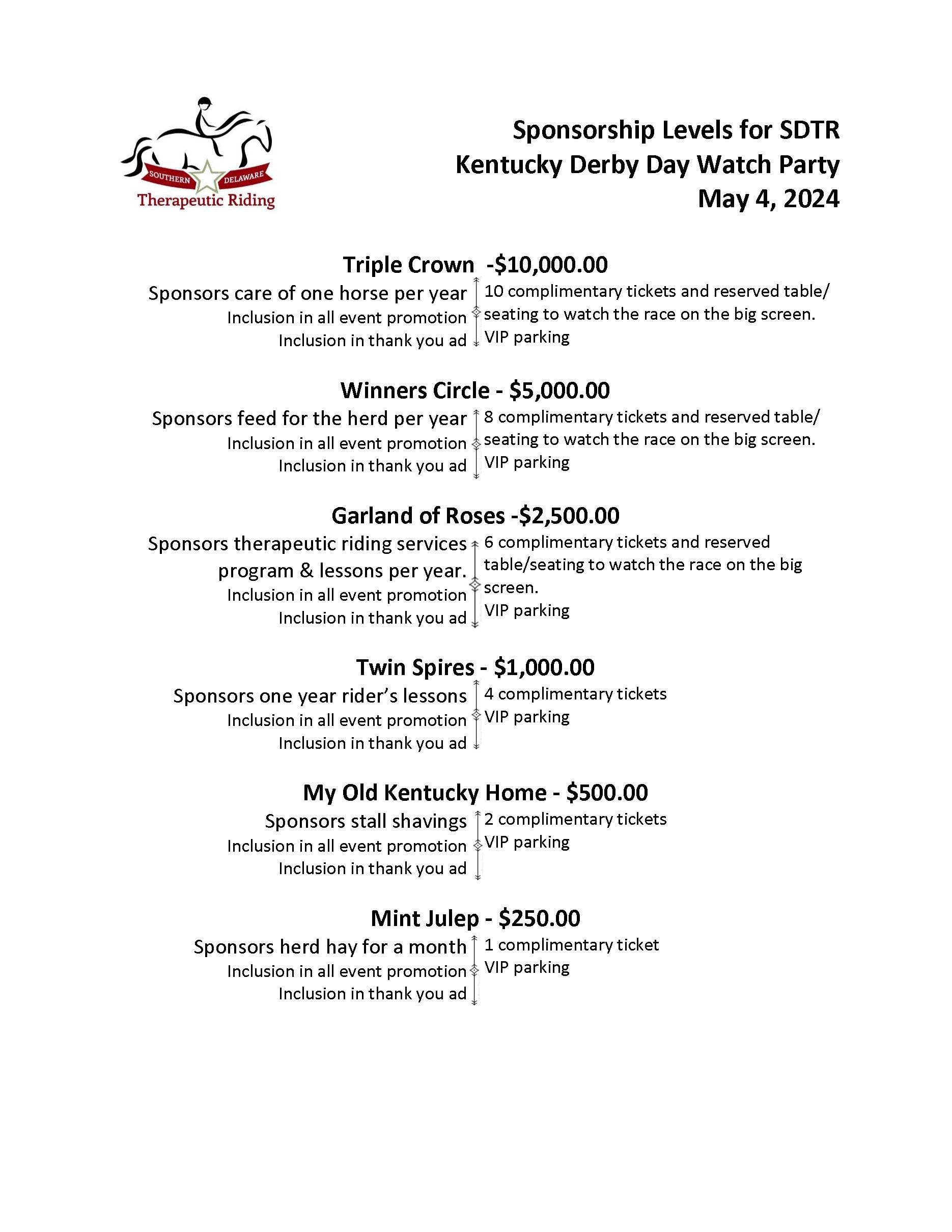 Kentucky Derby Day Sponsorship Levels .2024